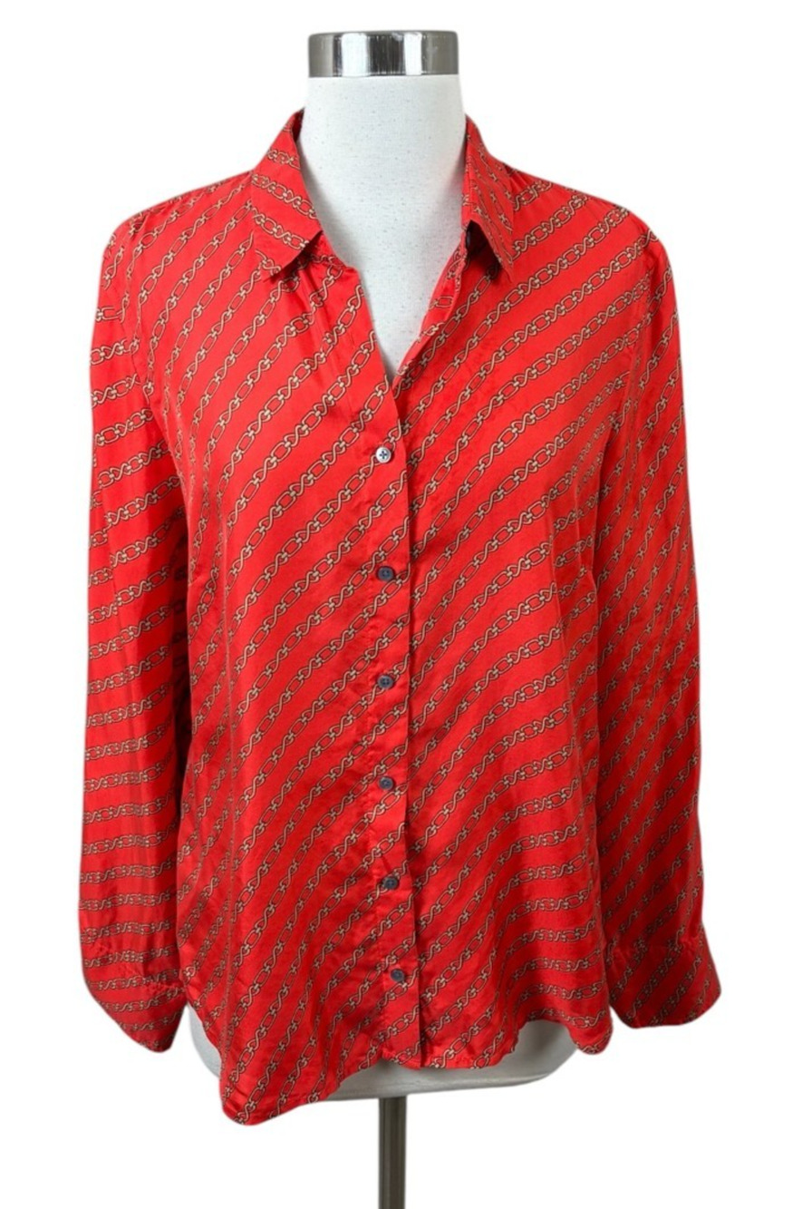 J. Crew Collection Silk Twill Shirt in Red Chains Print Size 12 Old Money Career